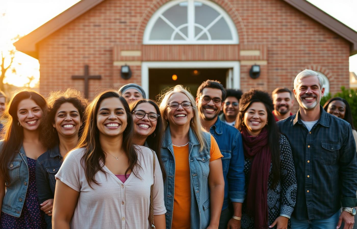 A welcoming group of believers gathered outside their church at golden hour