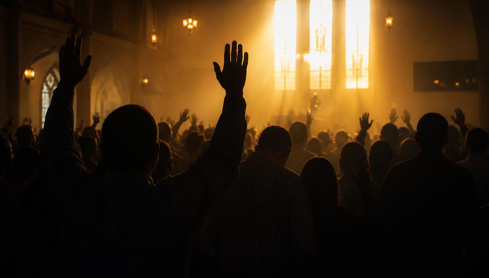 Congregation with hands raised in worship under warm light