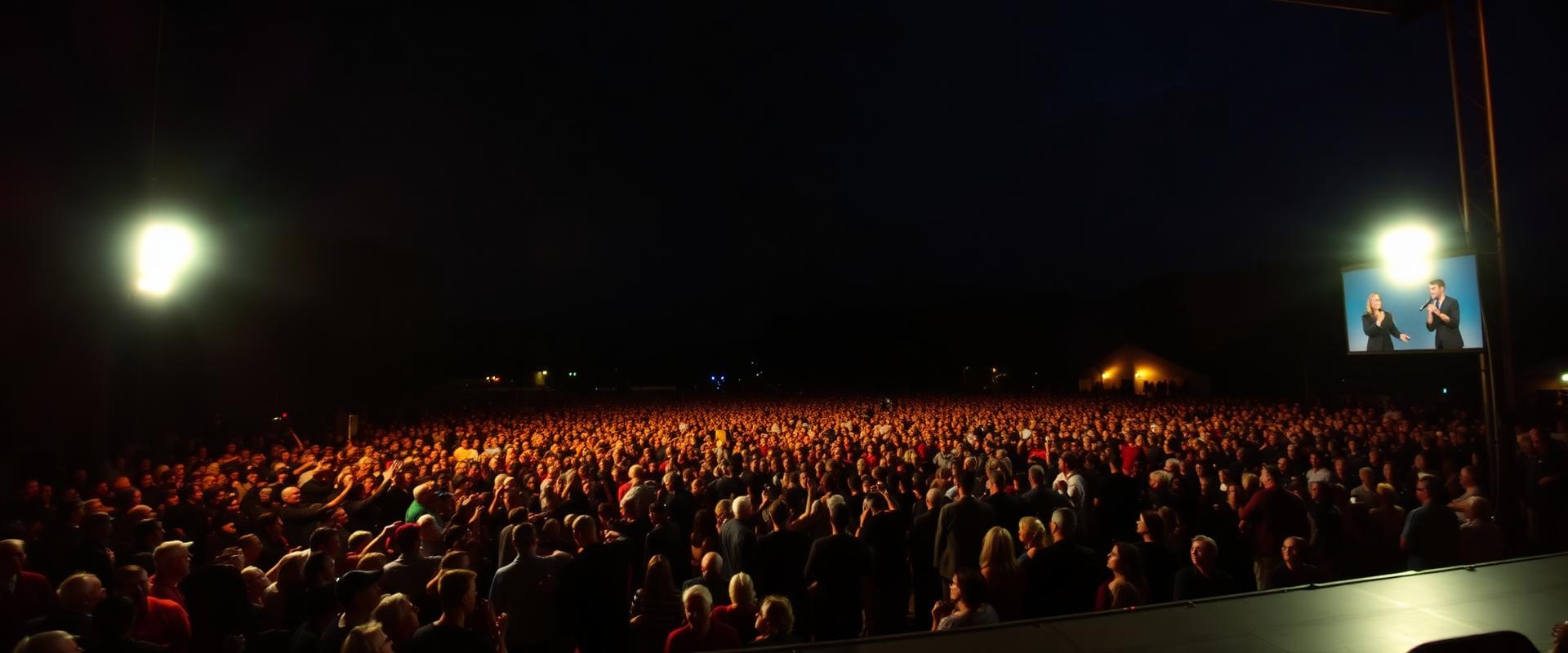 Thousands gathered at an open-air gospel meeting lit by warm stage light