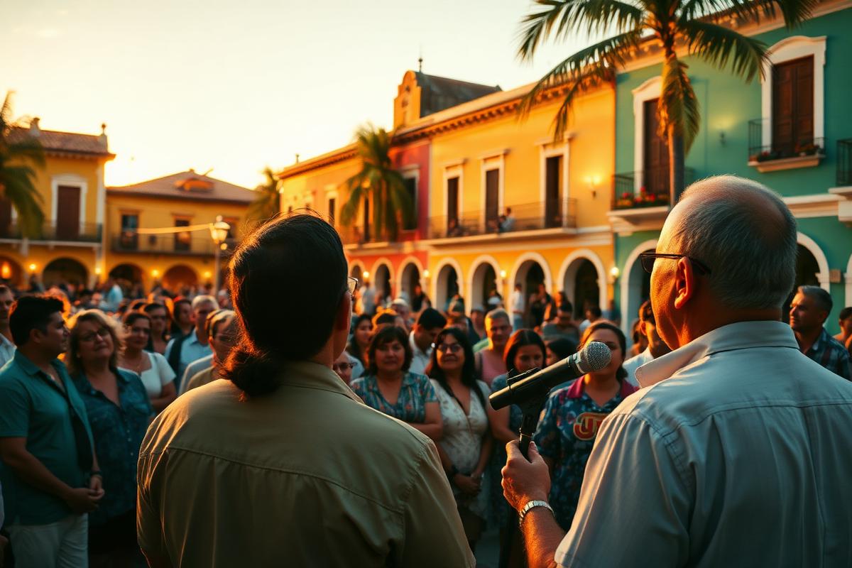 Crowd gathered in a Latin American plaza listening to a gospel message at sunset