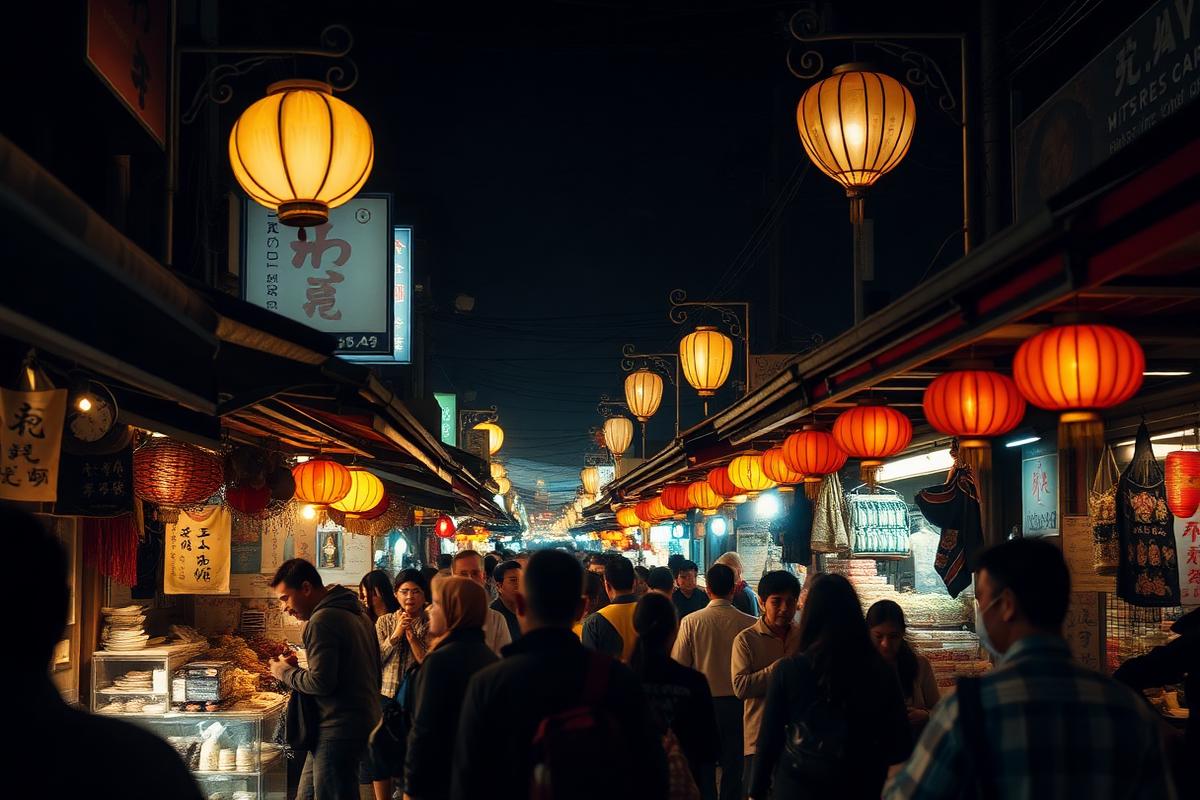 Busy Asian night market street lit by warm lanterns