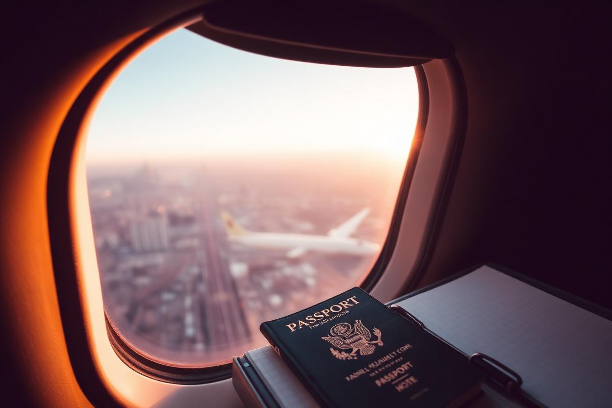Passport and notebook by an airplane window overlooking a city at sunrise