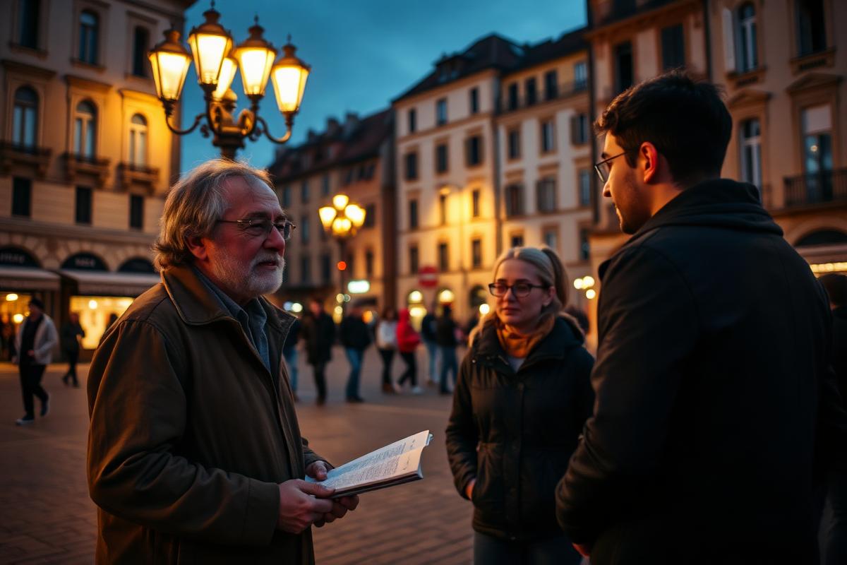 Street conversation about the gospel in a European city square at dusk