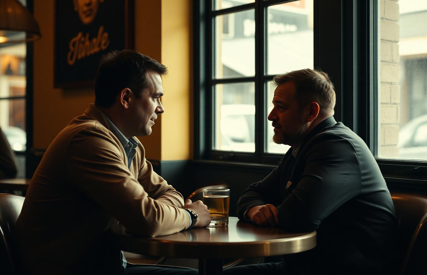 Two men in a one-on-one gospel conversation at a cafe table in warm light
