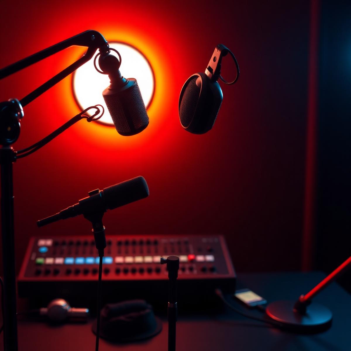 Studio microphones and recording gear lit with warm orange light