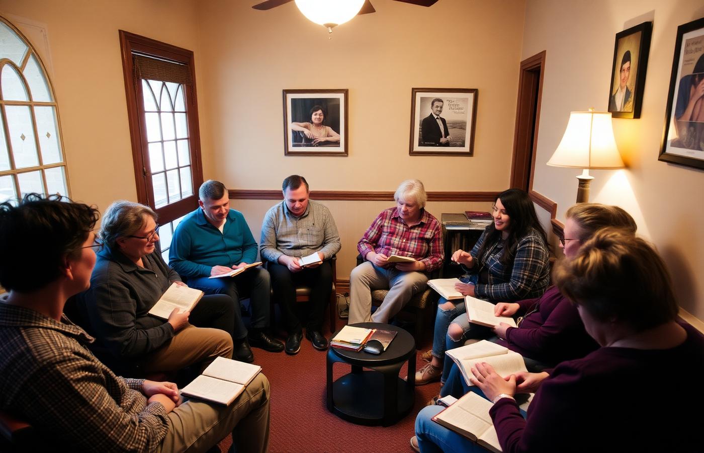 Small group of church members studying together with Bibles and notebooks